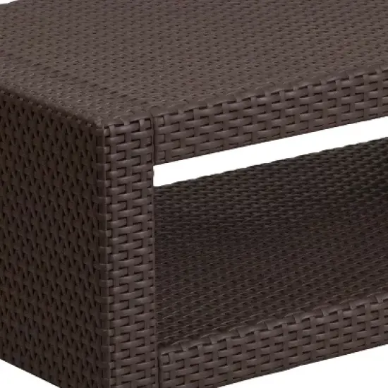 Merrick Lane Outdoor Furniture Coffee Table Chocolate Brown Faux Rattan Wicker Pattern All-Weather Patio Coffee Table With Shelving image {6}