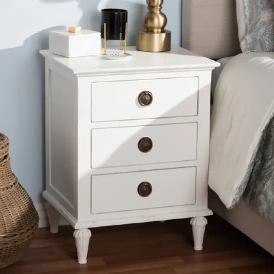Venezia French - Inspired Rustic Washed Wood 3 - Drawer Nightstand - White - Baxton Studio image {6}