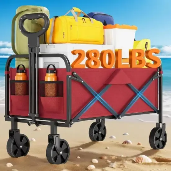 Foldable Collapsible Wagon Cart, 200 lbs Load All Terrain Utility Pull Camp Beach Wagon with Cup Holders & Adjustable Handle image {11}