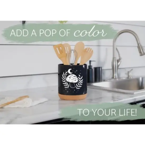 Elanze Designs 8 inch Moon Mushroom Leaf and Stars Large Ceramic Kitchen Utensil Holder Black and White Crock with Cork Base image {4}