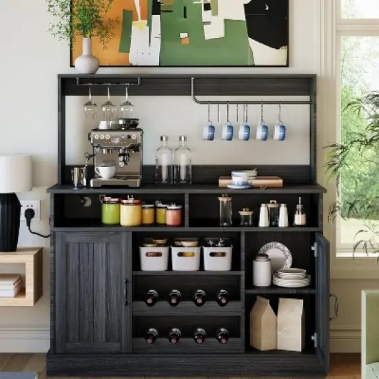 Modern Black Bar Cabinet with Wine Storage, Adjustable Shelves & Cup Rack - Kitchen Dining Room Coffee Bar Organizer image {8}