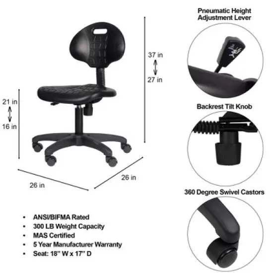 16"-21" Adjustable Height Polyurethane Task Office Chair Black- Hampden Furnishings image {11}