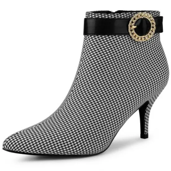 Allegra K Women's Buckle Stiletto High Heels Houndstooth Ankle Boots image {9}