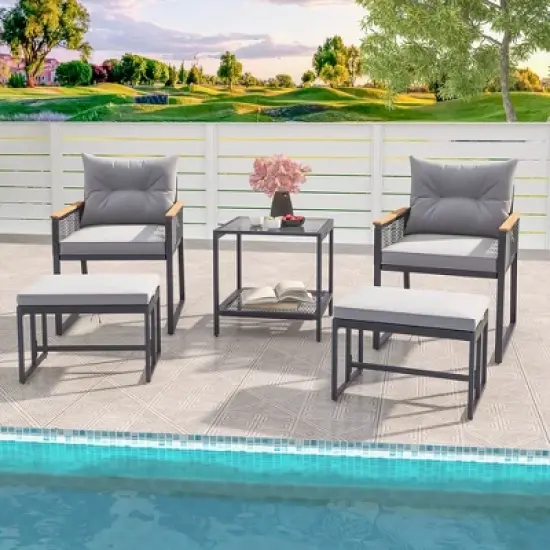 Costway 5 Piece Outdoor Conversation Set Rattan Armchairs with 2-Layer Side Table image {3}