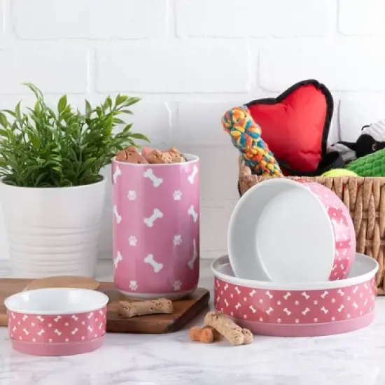 Bone Dry Pet Bowl - Tossed Bone & Paw Print Rose - Medium 6Dx2H Set/2 image {3}