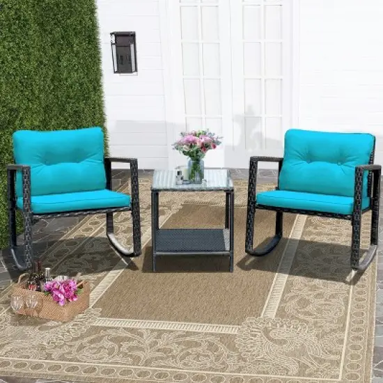 Costway 3PCS Patio Rattan Furniture Set Rocking Chairs Cushioned Sofa image {9}