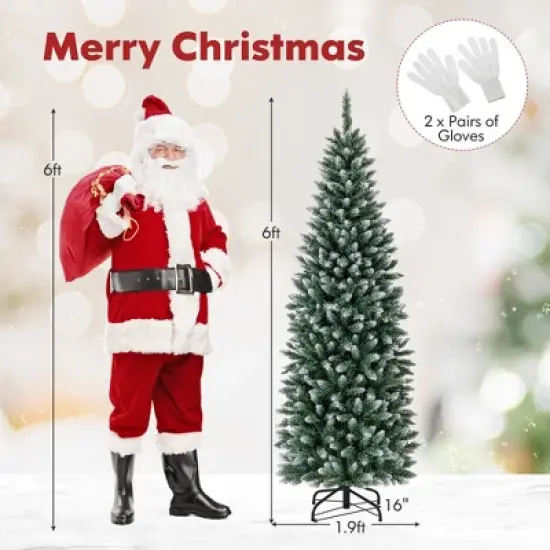 Costway 6FT/9FT Pre-Lit Christmas Tree Hinged Slim Pencil Xmas with 250/500 LED Lights image {2}