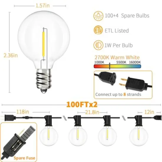 Itopfox Outdoor String Lights 200 FT with 104 Shatterproof LED Bulbs, Commercial Grade Waterproof Hanging Light for Bistro Backyard Cafe Market image {1}