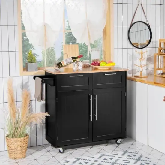 Costway Rolling Kitchen Cart Island Heavy Duty Storage Trolley Cabinet Utility Black image {1}