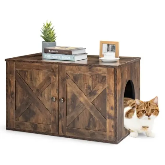 Costway Wooden Cat Litter Box Enclosure Hidden Cabinet Furniture w/ Divider Pet House image {8}