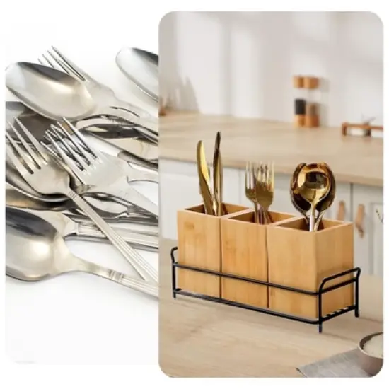 Bamboo Utensil Holder, Wood Cutlery Holder Silverware Caddy with 3 Detachable Compartments & Handles, Flatware Caddy Fork Spoon Knife Organizer image {4}
