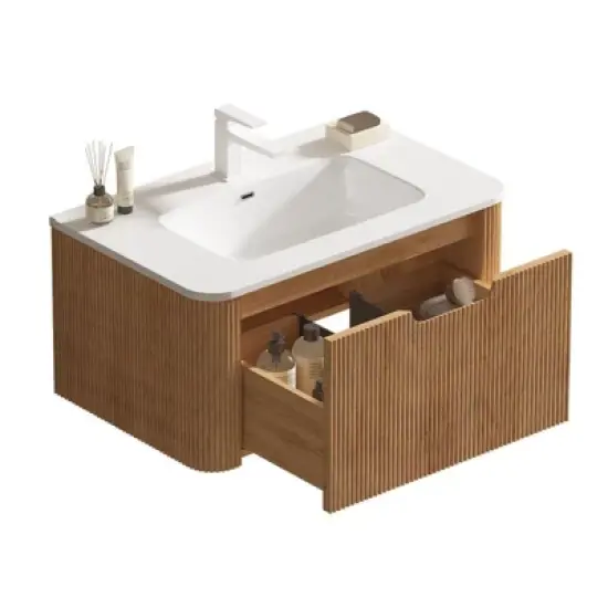 PexFix 30" Wall-Mounted Floating Solid Wood Bathroom Vanity with Mirror Modern Curved Edge Storage Bathroom Cabinet in Walnut with Ceramic Basin image {6}