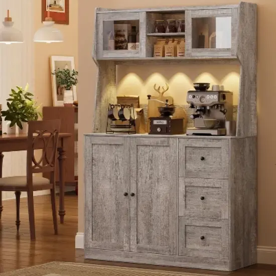Farmhouse Pantry Cabinet with Lights Adjustable Shelves - 67" Freestanding Storage Organizer for Kitchen Dining Room, Coffee Bar image {7}