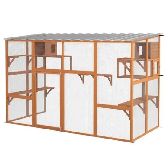 PawHut Catio, Outdoor Cat Enclosure Window Box Wooden Cat House w/ Weather Protection Roof for 2 Kitties with Resting Box, Platforms & Bridge image {3}
