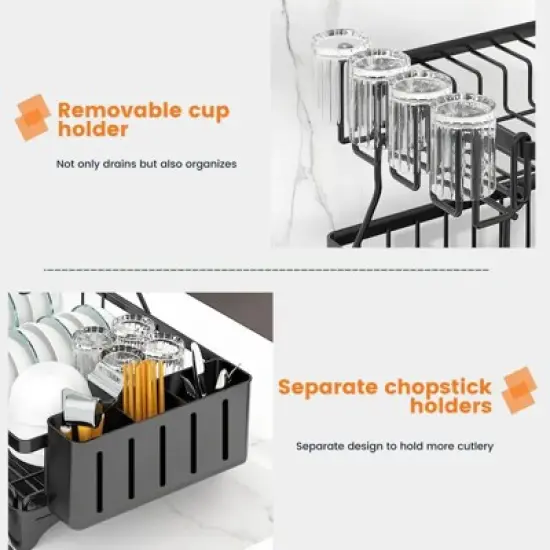 DOMETOUR 2 Tier Dish Drying Rack for Kitchen Counter, Black Metal Dish Drainer with Drainage System, Large Capacity, Space Saving & Rust-Resistant image {6}