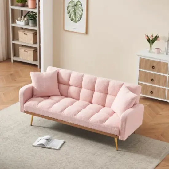Aukfa 69"Convertible Sofa Bed with Teddy Fabric & Gold Legs - Modern Futon Couch Includes 2 Pillows, for Living Room/Bedroom image {2}