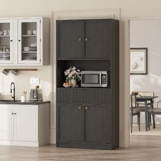 70" Fluted Pantry Cabinet - Storage w/ Countertop, Doors & Drawer for Kitchen & Dining Room image {9}