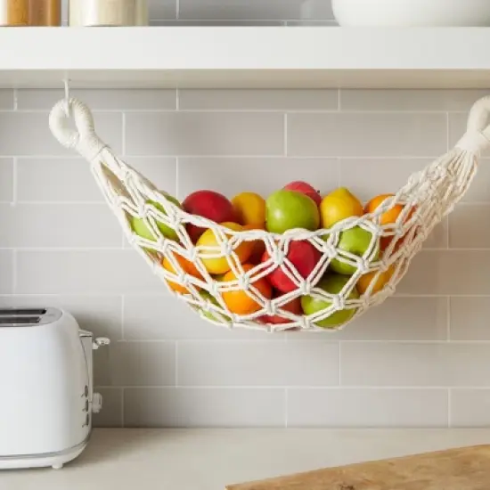Okuna Outpost Macrame Hanging Fruit Hammock with 2 Hooks, Under Cabinet Storage, 6x25x15 in image {1}