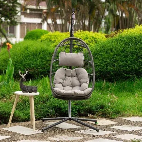 Swing Patio Egg Chair With UV Resistant Cushion,Wicker Hanging Egg Chair With Stand,Hammock Chair With Aluminum Frame  ? -Maison Boucle image {8}