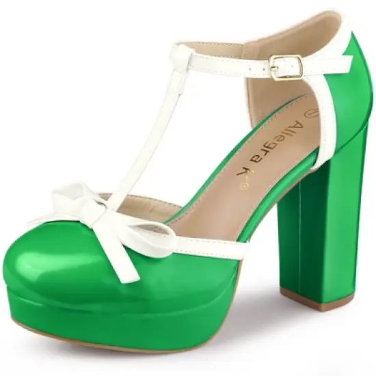 Allegra K Women's Platform Bow T-Strap Chunky Heels Pumps image {12}