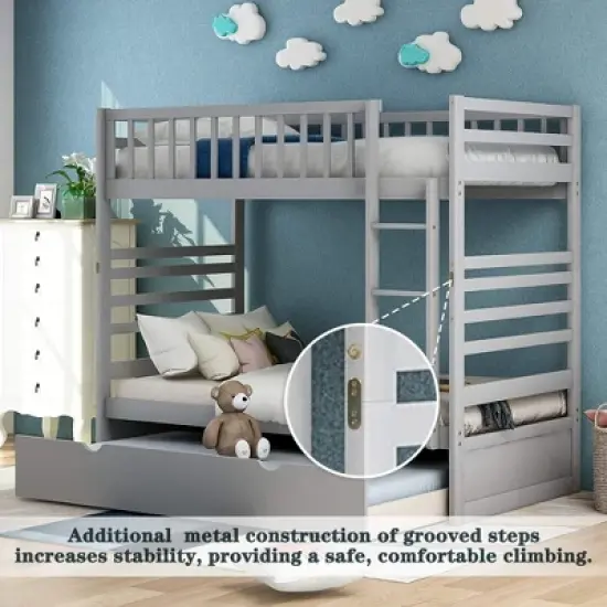 Twin Over Twin Wood Bunk Bed with Safety Rail and Movable Trundle-ModernLuxe image {6}