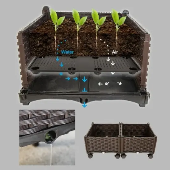 Barton 2-Piece Set Raised Garden Bed Planter Box with Wheels Plant Box, Brown image {4}