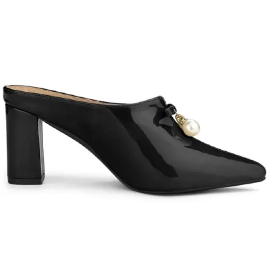 Allegra K Women's Pointed Toe Pearl Bow Chunky Heel Slides Mules image {6}