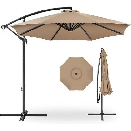 10 FT Hanging Cantilever Umbrella with 360&deg; Rotation, 8 Ribs Patio Umbrella Cross Base Support with Tilt Adjustment for Backyard, Garden and Poolside image {1}