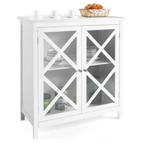 Costway Kitchen Buffet Sideboard Storage Cabinet w/Glass Doors & Adjustable Shelf White\Brown image {11}
