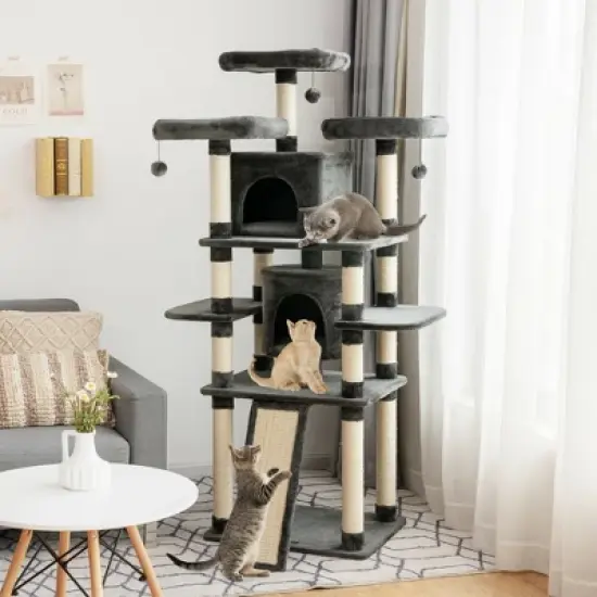 Costway 67'' Multi-Level Cat Tree w/ Cozy Perches Kittens Play House Dark Grey/Light Grey image {2}