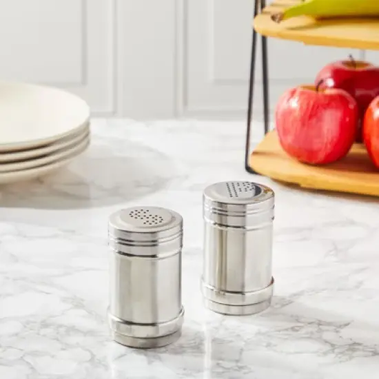 Juvale 2 Ounce Stainless Steel Metal Salt and Pepper Shakers for Kitchen Counter, Dinner Table, Condiments, Perforated "S" and "P" Caps, 3.5 in image {2}