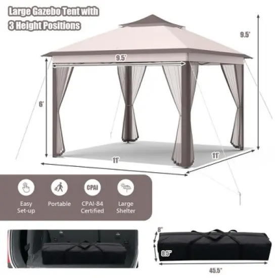 Costway 11'x11' 2-Tier Pop-Up Gazebo Tent Portable Canopy Shelter Carry Bag Mesh Brown\Beige image {3}