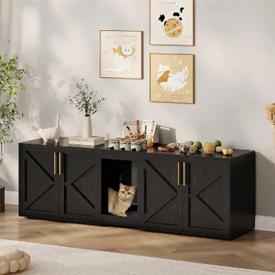 Cat Litter Box Enclosure for 2 Cats,  Wooden Litter Box Cabinet, Large Enclosed Cat Box Furniture with Storage Shelf, Soft Cushion image {6}