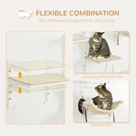 Multipet 6-pcs Modern Cat Wall Shelves for Indoor Cats, Height Adjustable Jumping Platforms & Cat Hammock image {4}