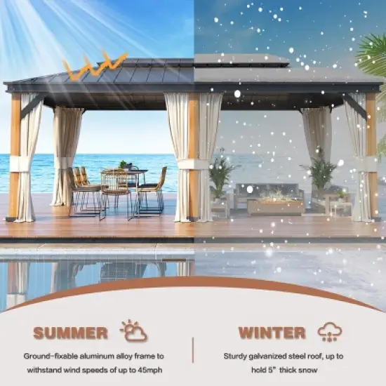 Erommy 12' X 20' Ultra-Thick Columns and Beams Hardtop Gazebo with Faux Wood Grain Aluminum Frame, Vertical Stripe Galvanized Steel Double Roof image {5}