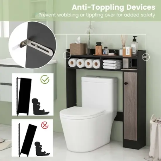 Costway Over the Toilet Bathroom Cabinet Floor Storage Organizer with Adjustable Shelves Black/White image {5}