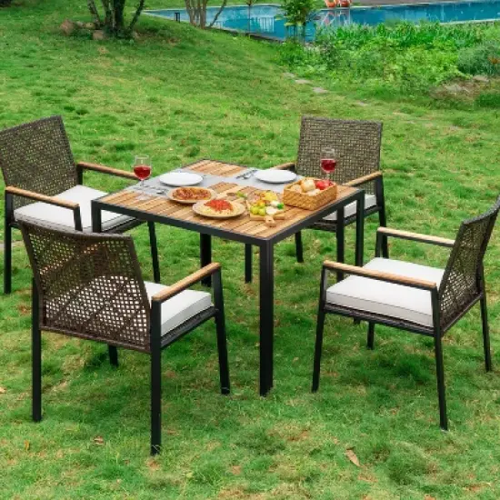 FIONECA All-Weather 5-Piece Patio Dining Set with Acacia Wood Table Top & Umbrella Hole, Coffee Brown Rattan Outdoor Conversation Set image {3}