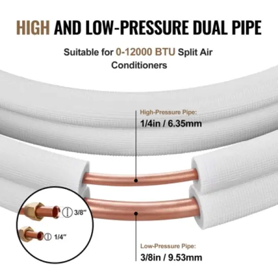 VEVOR 50FT Mini Split Line Set, 1/4" & 3/8" O.D Copper Pipes Tubing and Triple-Layer Insulation, for Mini Split Air Conditioning Refrigerant, White image {3}
