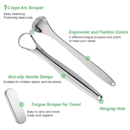 YEVYO Tongue Scraper for Adults (3 Pack)- 100% Stainless Steel Tongue Cleaner with Travel Case - Metal Tongue Scraper to Reduce Bad Breath image {2}