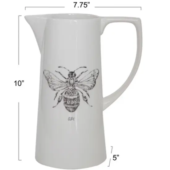 Storied Home White Ceramic Pitcher with Bee Image image {2}