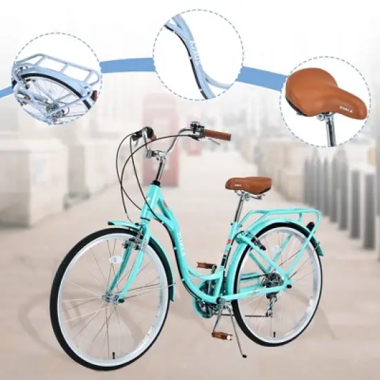 INFURNIC Bicycles, 26 Inch Ladies Bicycle with Adjustable Seat, Commute Bicycle Women Ladies, Green, 66.5"*22.83"*45.7" image {3}