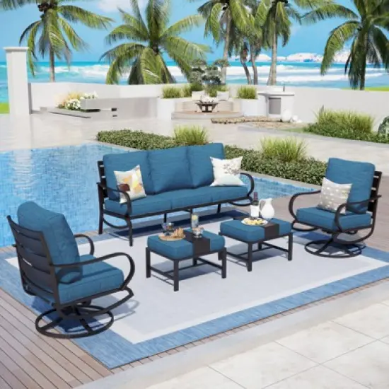 Captiva Designs 5pc Metal Patio Furniture Conversation Set with Swivel Chairs and Ottomans for Garden Porch Backyard image {12}