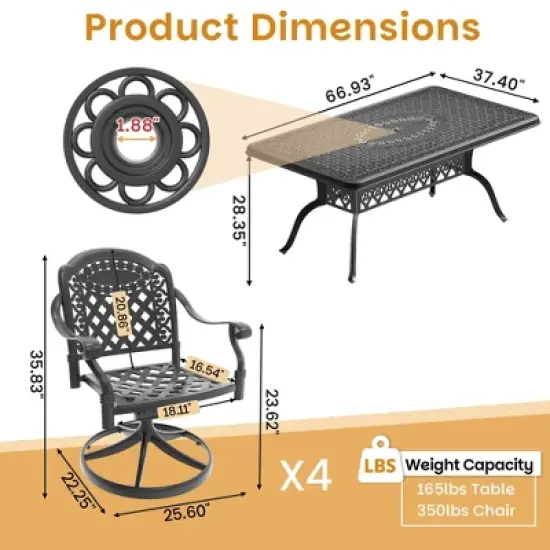 5-Piece Outdoor Dining Set, Cast Aluminum Rectangle Table with Swivel Chairs, Red Cushions, Umbrella Hole image {5}