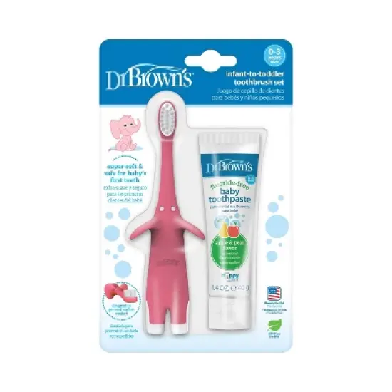 Dr. Brown's Infant-to-Toddler Training Toothbrush & Fluoride-Free Baby Toothpaste Pear & Apple Flavor - 0-3 years - Pink Elephant image {1}