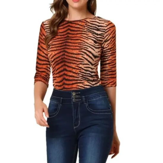 Allegra K Women's Elbow Sleeves Round Neck Slim Fit Casual Printed T-Shirt image {14}