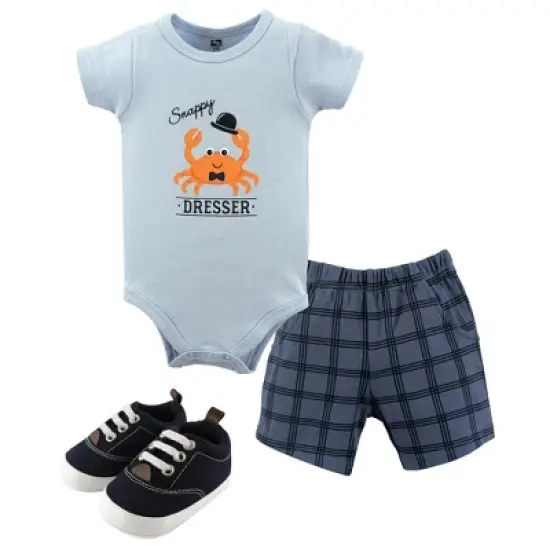 Hudson Baby Infant Boy Cotton Bodysuit, Shorts and Shoe 3pc Set, Crab image {2}