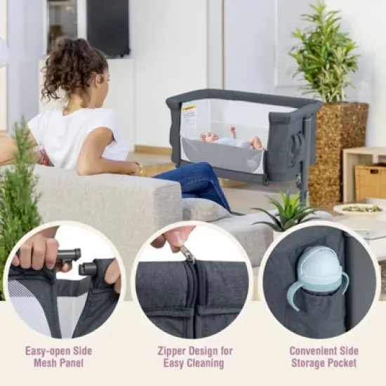 Infans 3-in-1 Baby Bassinet Beside Crib with 5-Level Adjustable Heights Grey image {3}