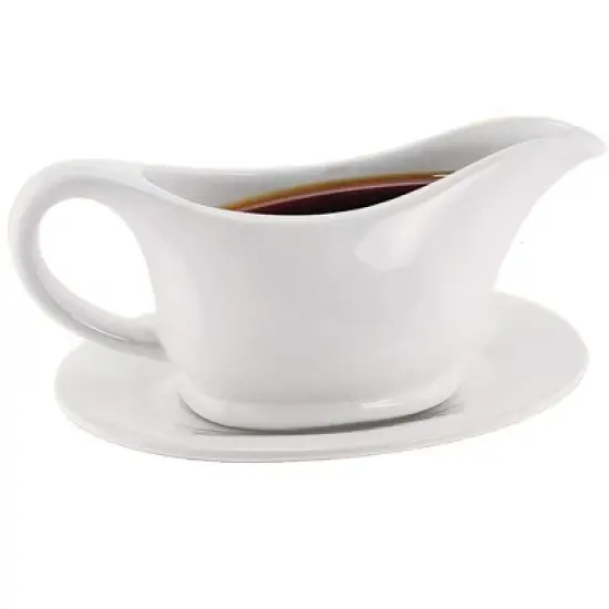 KOVOT White Elegant 12oz Ceramic Gravy Boat and Saucer Plate Set - Perfect for Gravies, Sauces, and Dressings - Microwave and Dishwasher Safe image {6}