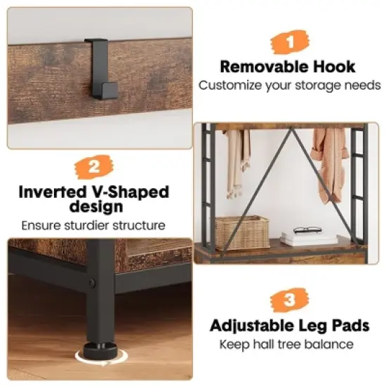 Garvee Hall Tree with Bench Coat Rack Freestanding 5 in 1 Industrial Shoe Bench with 3 Storage Cubbies and 8 Hooks Entryway Coat Rack, Brown image {6}