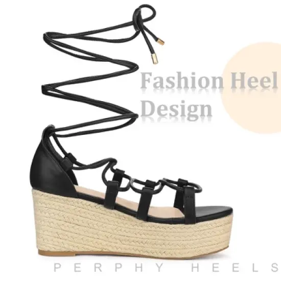 Perphy Lace Up Platform Wedge Heel Strappy Sandals for Women image {3}
